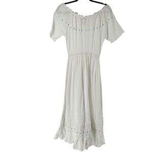 220 Hickory Maxi Dress White Off The Shoulder Turquoise Bead Size S Ruffle Crepe